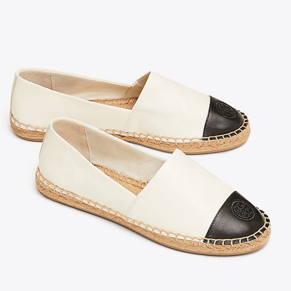 Tory Burch Cream & Black Canvas Espadrille Flats